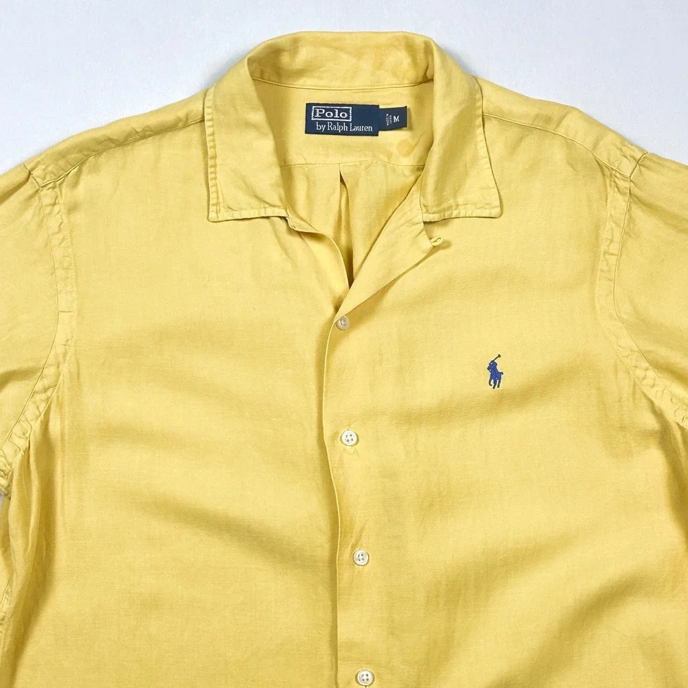 Polo Ralph Lauren Camp Shirt Mens Medium Silk Linen Herringbone Resort Yellow
